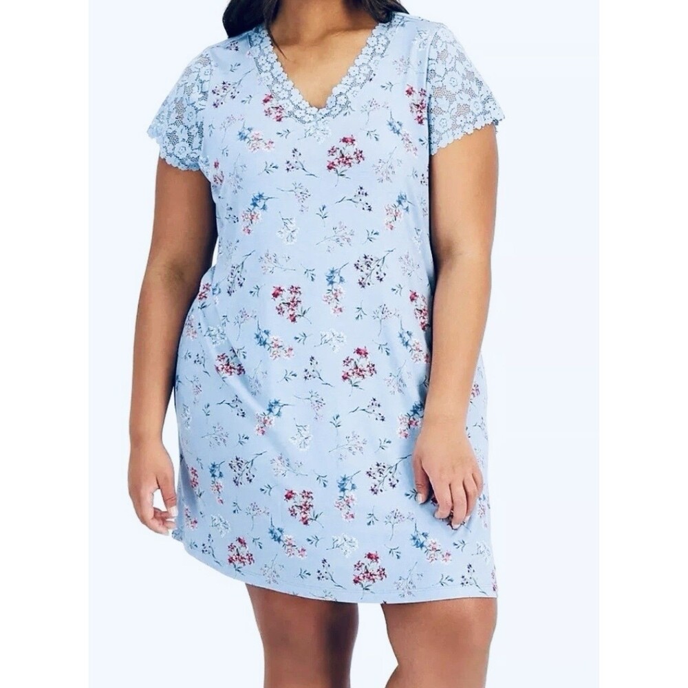 Charter Club Women's Lace-Trim Floral Chemise XL Rain Dance Floral Blue